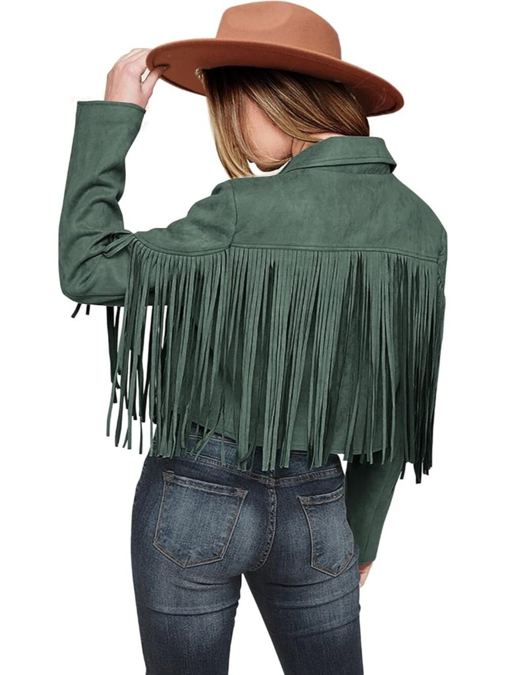 Women's Green Long Sleeve Slim Fall Fringe Suede Faux Leather Winter Jackets